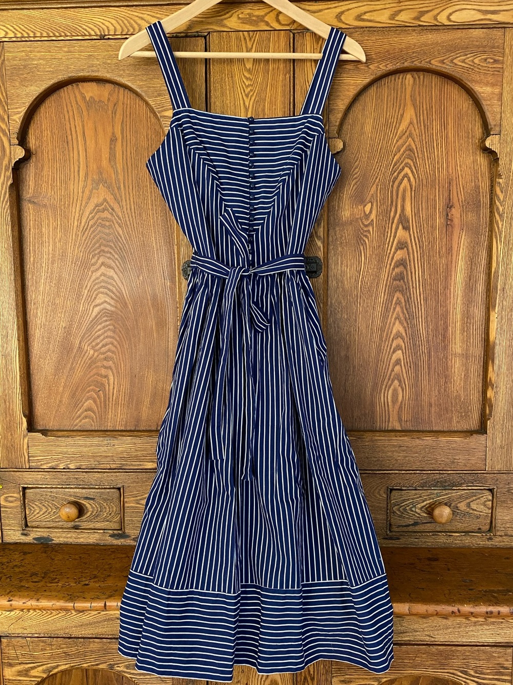 Vintage Lanz navy blue white stripe midi dress cotton sundress belt 6 8 S M